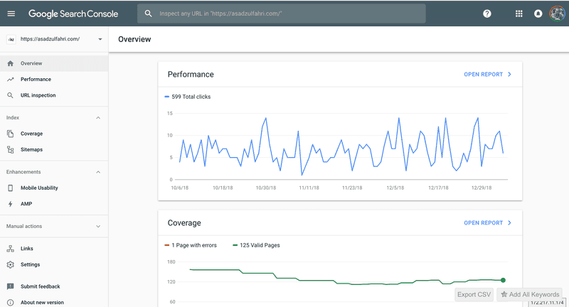 google search console dashboard