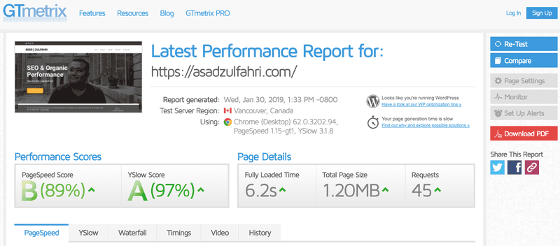 GT Metrix Performance Report for asadzulfahri.com