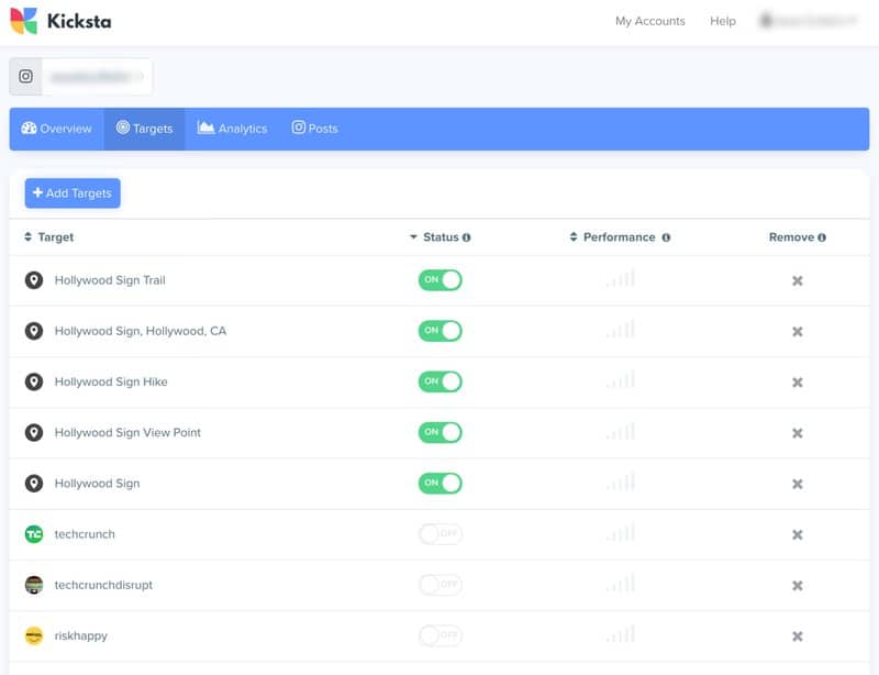 Kicksta instagram targeting options
